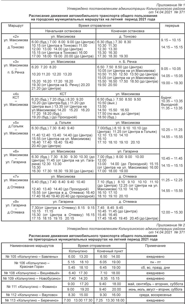 Расписание автобусов городских и пригородных маршрутов на лето 2021 года |  24.04.2021 | Кольчугино - БезФормата